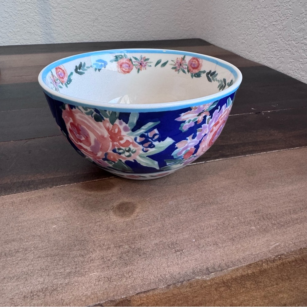 Anthropologie Ceramic Bowl with Blue and Pink Floral Design